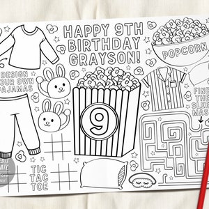 May include: A black and white printable coloring page with a birthday theme for a 9 year old. The page features a popcorn bucket with the number 9, a design your own pajamas section, a tic-tac-toe game, a maze, and the words "Happy 9th Birthday Grayson!"