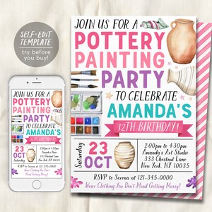 May include: A pink and purple invitation for a pottery painting party to celebrate Amanda's 12th birthday. The invitation features watercolor illustrations of paintbrushes, paint palettes, and pottery. The party is on Saturday, October 23rd from 2:00pm to 4:30pm at Amanda's Art Studio, 333 Chestnut Lane, New York, NY 10035. RSVP to Serena at 121-345-0000. Wear clothing you don't mind getting messy!