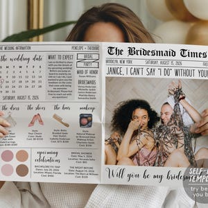 Modelo editável de jornal para proposta de madrinha, buquê de flores para madrinha, cartão de informações para festa de casamento dobrado, o que esperar