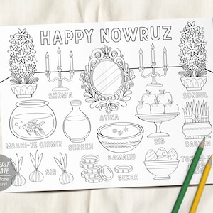 Nowruz Mubarak Happy Persian New Year Party Coloring Placemat For Kids Editable Template, Haft Sin Spread Table Coloring Page Craft Activity