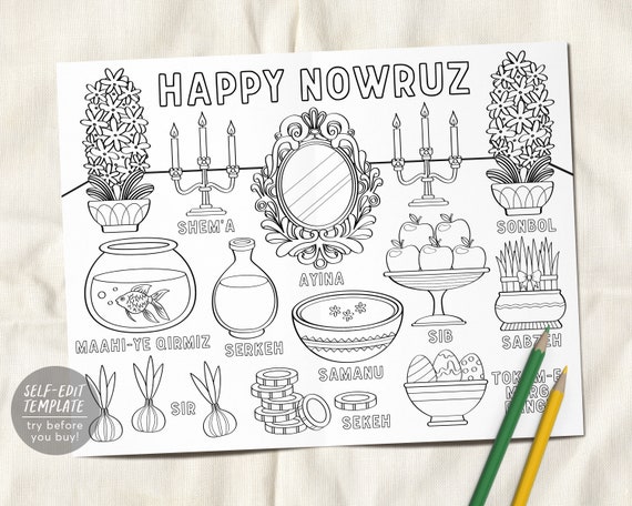 Nowruz Mubarak Happy Persian New Year Party Coloring Placemat For Kids Editable Template, Haft Sin Spread Table Coloring Page Craft Activity