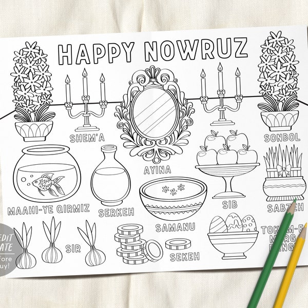 Nowruz Mubarak Glückliche Persische Neujahrsfeier Färbung Tischset für Kinder Bearbeitbare Vorlage, Haft Sin verbreitet Tabelle Färbung Seite Handwerk Aktivität