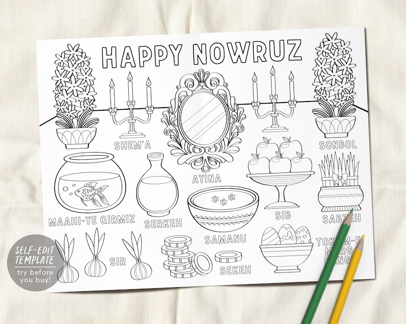 Nowruz Mubarak Happy Persian New Year Party Coloring Placemat For Kids Editable Template