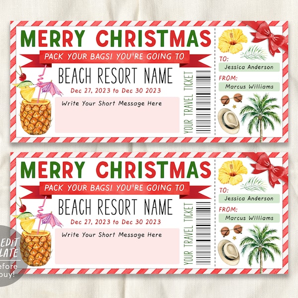 Beach Resort Vacation Travel Ticket Editable Template, Christmas Surprise Trip Reveal, Tropical Beach Weekend Getaway Ticket to Paradise DIY