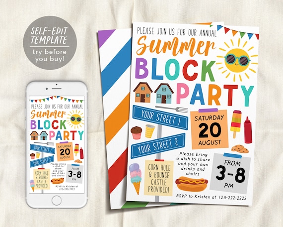 Block Party Invitation Editable Template, Summer Street Neighborhood Block Party BBQ Invite Printable, Open House HOA Community Dinner