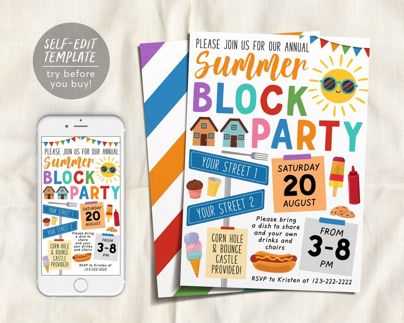 May include: A colorful invitation for a summer block party. The invitation features a sun with sunglasses, houses, and a sign that says "Your Street 1". The text on the invitation reads "Please join us for our annual Summer Block Party, Saturday 20 August, From 3-8 PM, RSVP to Kristen at 123-222-2222".
