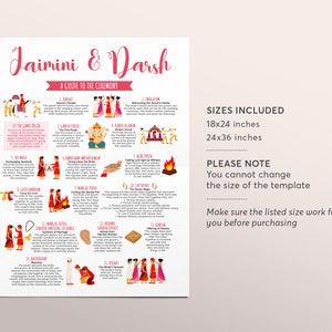 May include: A guide to a Hindu wedding ceremony with illustrations of the different steps in the ceremony. The guide includes the names of each step in English and the sizes 18x24 inches and 24x36 inches. The text "Jaimini & Darsh" is at the top of the guide.