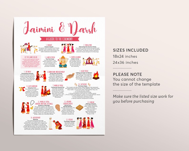 May include: A guide to a Hindu wedding ceremony with illustrations of the different steps in the ceremony. The guide includes the names of each step in English and the sizes 18x24 inches and 24x36 inches. The text "Jaimini & Darsh" is at the top of the guide.