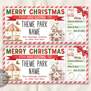 Christmas Theme Park Ticket Editable Template, Surprise Amusement Park Gift Voucher For Kids, Holiday Carnival Day Trip Gift Certificate