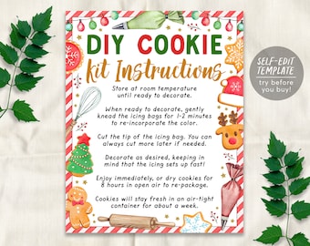 Christmas DIY Cookie Kit Instructions Card Editable Template, Xmas Holiday Cookie Decorating Party Kit Gift Tag Printable, Winter Activity