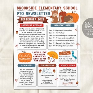 September PTO PTA Newsletter Flyer Editable Template, Back to School Meeting Agenda Printable Handout, Seasonal Fall School Year Classroom