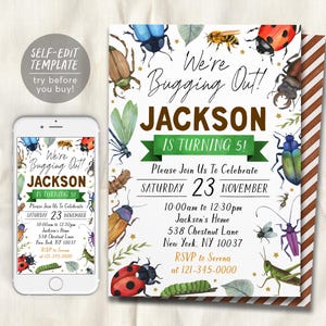 May include: Editable digital invitation for a 5th birthday party with a bug theme. The invitation features a watercolor illustration of various bugs, including ladybugs, beetles, and butterflies, on a white background. The text "We're Bugging Out!" is written in brown and green letters. The name "Jackson" is written in brown letters and the age "5" is written in green letters. The invitation includes the date, time, and location of the party.