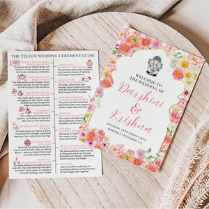 May include: Wedding invitation and ceremony guide. The invitation features a floral design with pink and yellow flowers, and the names "Darshini & Krishna." The guide details Telugu wedding traditions.