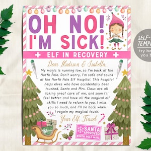 Plantilla editable de carta de recuperación de elfos rosados para niñas de Navidad, carta de elfo que perdió la magia, oh no, estamos enfermos, carta de elfos que se conmovieron