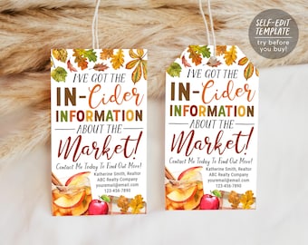 Fall Apple Cider Pop By Gift Tag Editable Template, In-Cider Information About The Market, Autumn Realtor Real Estate Advice Referral Tags