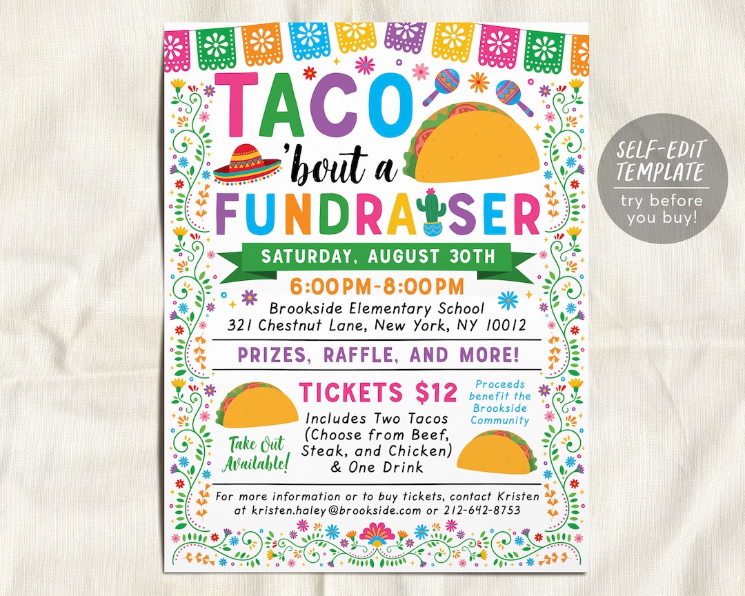 Taco Fundraiser Flyer Editable Template, Fiesta Mexican Night Dinner