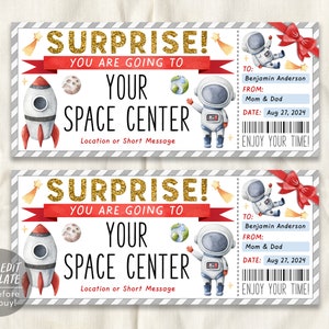Space Center Surprise Trip Ticket Editable Template, Space Museum Gift Voucher For Kids, Astronaut Experience Planetarium Outerspace