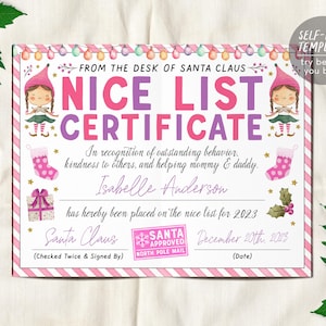 Modelo editável de certificado da lista de bons pais rosa, carta oficial aprovada da lista de bons pais do Papai Noel, carta de elfos elfos, véspera de Natal do Papai Noel