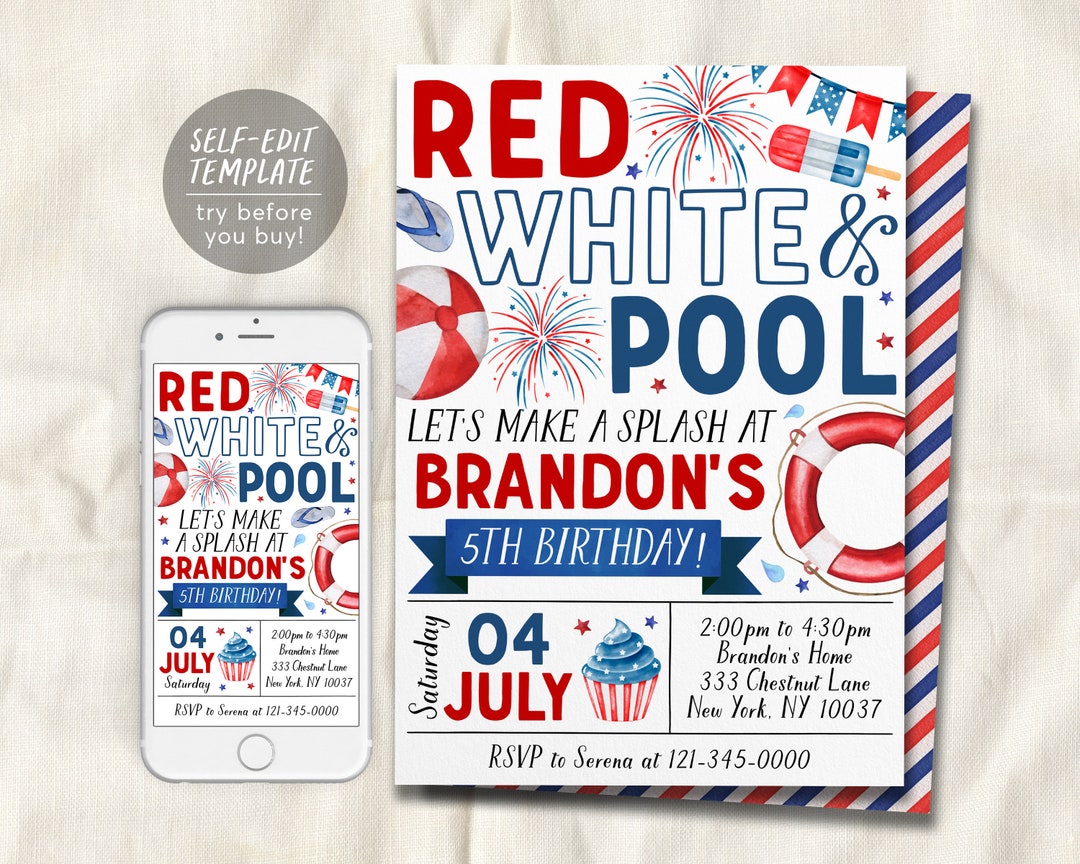 4th of July Birthday Invitation Editable Template, Red White Pool Party ...