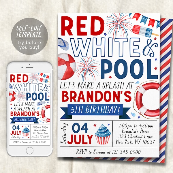 4th of July Birthday Invitation Editable Template, Red White Pool Party Invite, Patriotic Kids Summer Swim Party Evite, Memorial Day Invite