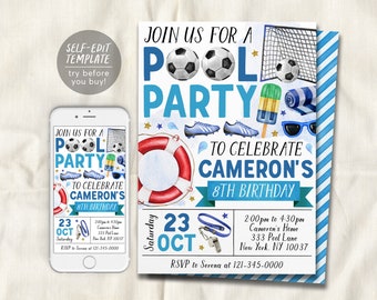 Soccer Pool Party Birthday Invitation Editable Template, Summer Sports Football Backyard Summer Party Invite, Boy Swimming Pool Evite