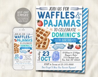 Waffles and Pajamas Birthday Invitation Editable Template, Boy Waffles And PJs Party Invite, Kids Breakfast Brunch Evite, Slumber Party