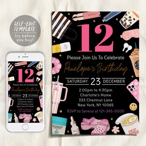 May include: A black birthday invitation with the number 12 in pink, featuring illustrations of accessories and food. The text reads "Please Join Us To Celebrate Penelope's Birthday" with event details. A smartphone displays the same design.