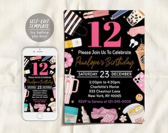 Plantilla editable de invitación de cumpleaños para chica VSCO, invitación para fiesta de dos dígitos para adolescentes preadolescentes, estética preppy, cuidado de la piel, ramen Evite negro