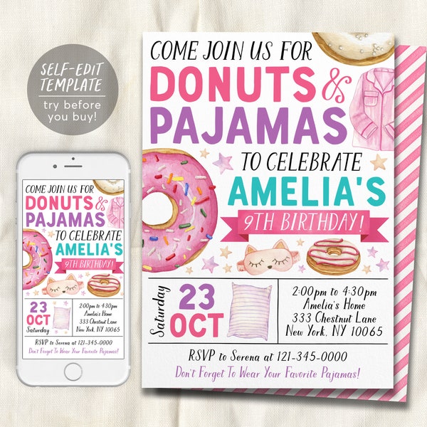 Donuts and Pajamas Birthday Invitation Editable Template, Girl Tween Sprinkles Donut Party Invite, Kids PJs Slumber Party Sleepover Evite