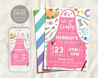 May include: A digital invitation template displayed on a smartphone and a printed card featuring a pink apron graphic, art supplies, and text reading: let's get Crafty, JOIN US TO CELEBRATE HANNAH'S 12TH BIRTHDAY, Saturday 23 SEPTEMBER, 2PM to 4PM.