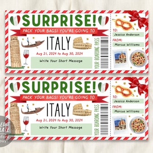 Modello modificabile della carta d'imbarco del biglietto di viaggio in Italia, rivelazione dell'anniversario di San Valentino del buono regalo della compagnia aerea di Roma per le vacanze di viaggio a sorpresa