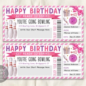 Bowling Gift Certificate Editable Template, Birthday Surprise Bowling Party Celebration Invitation Voucher, Ten Pin Bowling Alley Ticket
