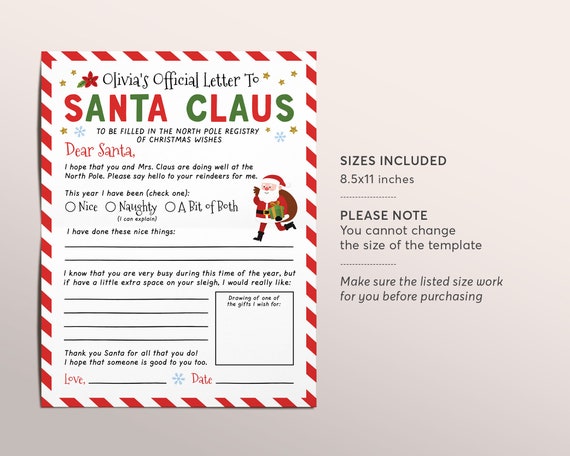 Letter to Santa Editable Template, Christmas Holidays Wish List