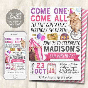 Carnival Birthday Invitation Editable Template, Pink Circus Theme Party Invite, Kids Girl Come One Come All Circus Tent Popcorn Evite