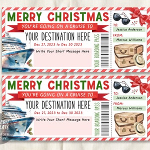 Modèle modifiable de billet de carte d'embarquement de croisière surprise, chèque-cadeau de navire de Noël, billet de voyage de vacances voyage de vacances révéler la destination