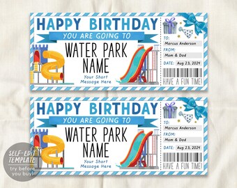 May include: A printable birthday gift ticket template featuring a water park theme with a yellow spiral slide, a blue and red straight slide, a gift box, and a blue bow. Text includes HAPPY BIRTHDAY, YOU ARE GOING TO, WATER PARK NAME, TO: Marcus Anderson, FROM: Mom & Dad, DATE: Aug 23, 2024, and HAVE A FUN TIME!