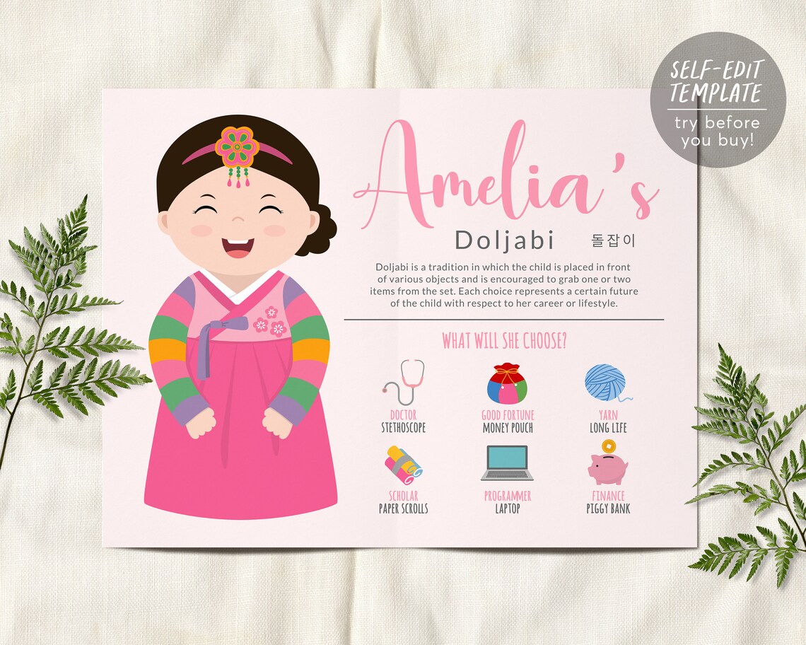 Doljanchi Korean Baby Girl First Birthday Editable Doljabi Etsy