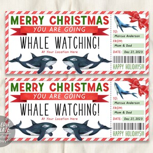 May include: A printable Christmas gift voucher for whale watching. The voucher is red and white striped with a green and red ribbon. It says "Merry Christmas You Are Going Whale Watching!" and has a space to write in the date, to and from. The voucher has a watercolour illustration of two whales.