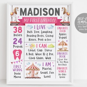Modèle modifiable de signe d'étape importante de la première année de carrousel, affiche de statistiques d'anniversaire de naissance de thème de carrousel, manège de cheval de manège un an