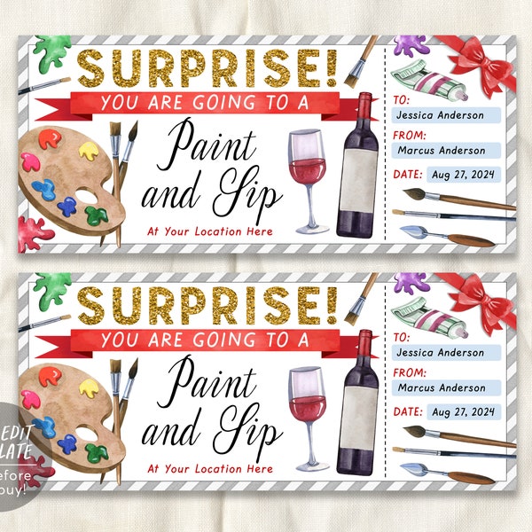 Paint And Sip Class Gift Certificate Ticket Editable Template, Surprise Painting Experience Art Lessons Date Night Voucher Wine Art Lessons