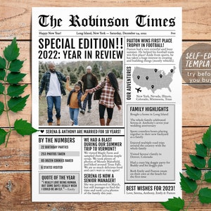 Plantilla editable de periódico familiar de revisión del año, carta de tarjeta de Navidad de actualización familiar de boletín informativo, infografía navideña con foto
