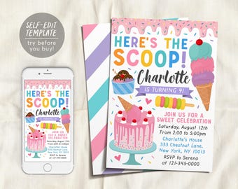 May include: A birthday invitation template featuring ice cream and cake graphics with the text Here's the Scoop! Charlotte is turning 9! Join us for a sweet celebration, Saturday, August 12th, 2:00 to 5:00pm, 333 Chestnut Lane, New York, NY 10013.