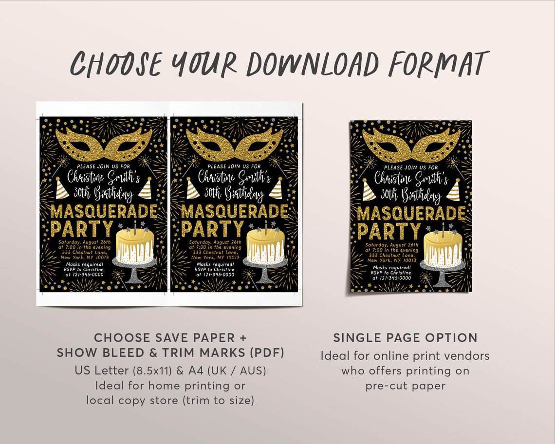 Masquerade Birthday Invitation Editable Template 30th - Etsy