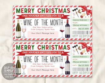 May include: A printable Christmas gift voucher template for a wine of the month subscription. The voucher is red and white with a festive design and includes the text "Merry Christmas" and "Wine of the Month".