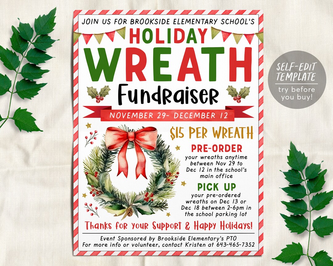 Christmas Wreath Fundraiser Flyer Editable Template, Holiday Wreath
