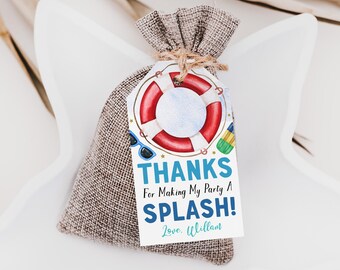 May include: A small hessian drawstring favour bag with a white rectangular gift tag attached by twine. The tag features a red and white life preserver, blue sunglasses, and the text: THANKS For Making My Party A SPLASH! Love, William.