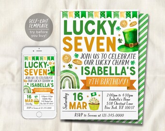 May include: A birthday invitation template featuring green and gold text that reads LUCKY SEVEN JOIN US TO CELEBRATE OUR LUCKY CHARM ISABELLA'S 7TH BIRTHDAY. The design includes watercolor illustrations of a green hat, gold coins, and a cupcake.