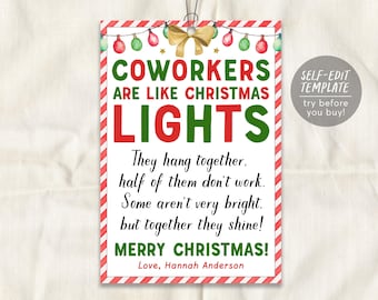 May include: A rectangular sign with a red and white striped border featuring a string of colorful Christmas lights and a gold bow at the top. The text reads: COWORKERS ARE LIKE CHRISTMAS LIGHTS. They hang together, half of them don't work. Some aren't very bright, but together they shine! MERRY CHRISTMAS! Love, Hannah Anderson.