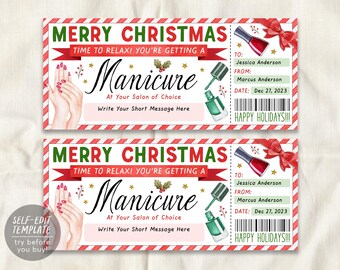 May include: A rectangular Christmas gift certificate for a manicure featuring red and white striped borders, illustrations of hands with red nails, nail polish bottles, a red bow, and holly. Text includes MERRY CHRISTMAS, TO: Jessica Anderson, FROM: Marcus Anderson, DATE: Dec 27, 2023, and HAPPY HOLIDAYS!!!