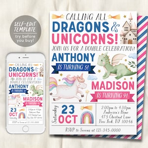 Dragons and Unicorns Joint Siblings Birthday Invitation Editable Template, Boy Girl Twins Magical Dragon Unicorn Theme Party Invite Evite